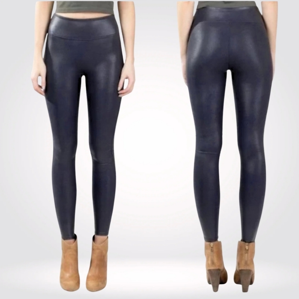NEW SPANX Faux Leather Leggings Shapewear Tummy Control Navy/Black Size 1X